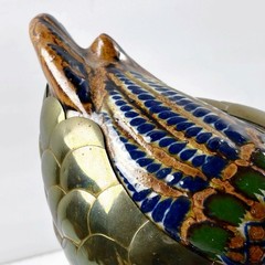 TONALA DUCK FIGURE Brass / Ceramic Hand Painted Mexican Art Vintage Peeking Down