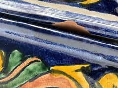 Vintage Mexican Folk Art Pottery Lidded Box Hand Painted Blue Floral Ceramic