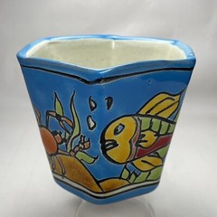 Mexican Folk Art Pottery Octagon Planter 3.75″ Ocean Fish Pattern Plant Pot