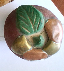 Mexico Burnished Clay Fruit Apple Figurine Terracotta Brass Copper Inlay 70s VTG