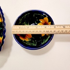 Set of 2 Mexican Pottery Signed Yellow Sunflower Bowls Cobalt Blue Oval & Round