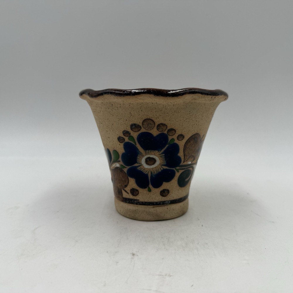 Tonala Mexican Folk Art Pottery Stoneware Cobalt Flowers Pot Tonala Mexico