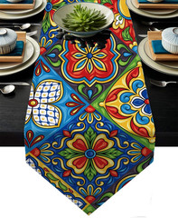 Mexican Talavera Ceramic Tile Pattern Linen Table Runners Dinner Table Setting D