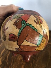 Vtg Mayan Aztec Mexican Clay Pottery Pot Bowl Footed Tribal Primitive Folk Art