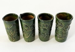 4 MEXICO OAXACA ATZOMPA CERAMIC CLAY BARRO LOZA VERDE GREEN MEZCAL CUPS COPITAS
