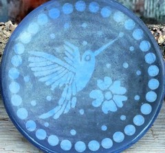 Blue Hummingbird Tripod Clay Plate Handmade Michoacán Mexico Folk Art Small Sz