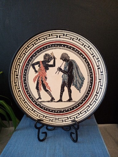 Vtg Handmade Red Clay Pottery Plate13″W Hand-painted Grease #30 Music & Dance
