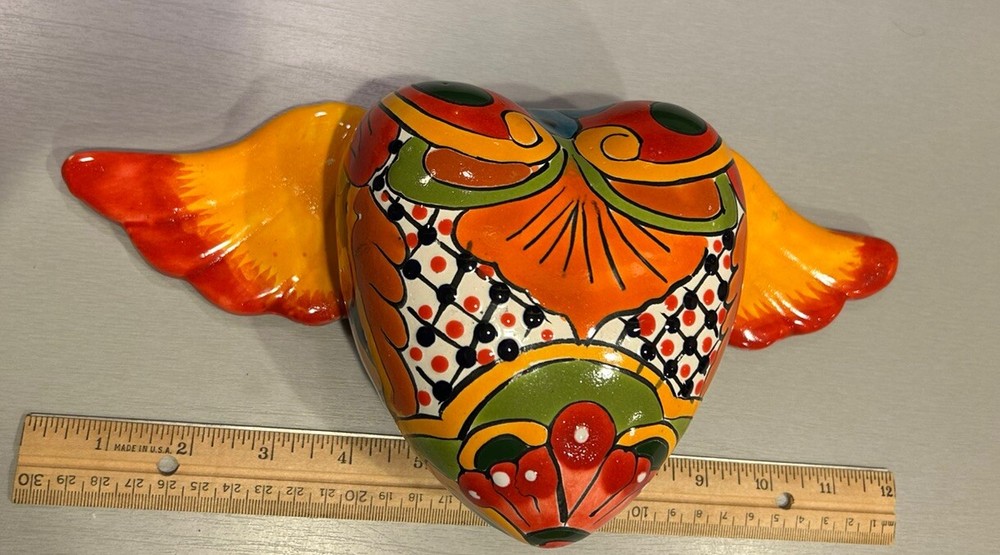 Vintage Hand Painted Handmade in Mexico Ceramic/Clay Heart with Wings W/ Sticker