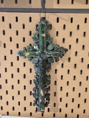 Vintage Mexican Milagros Cross Crucifix Michoacan Green Glazed Folk Art Rare 12″