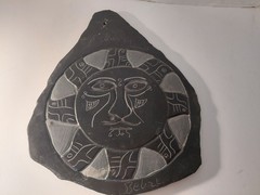 Vintage Carved Black Stone Pottery Inca Wall Hanging Sun Plate 11 In Tall