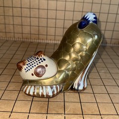 Vint BRASS CAT Tonala Mexican stretching Ceramic And Brass cat Figurine