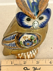 VINTAGE TONALA MEXICAN FOLK ART CERAMIC AND BRASS OWL