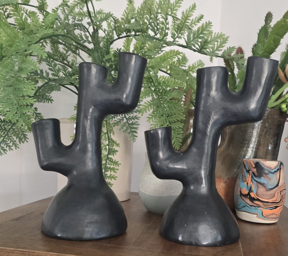 Pair Barro Candle Holders Oazaca Mexican Black Clay Folk Art Pottery Mexico
