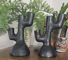 Pair Barro Candle Holders Oazaca Mexican Black Clay Folk Art Pottery Mexico
