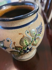 Tonala Stoneware Pottery Vase Bird Floral Design Mexico Hand Painted Signed