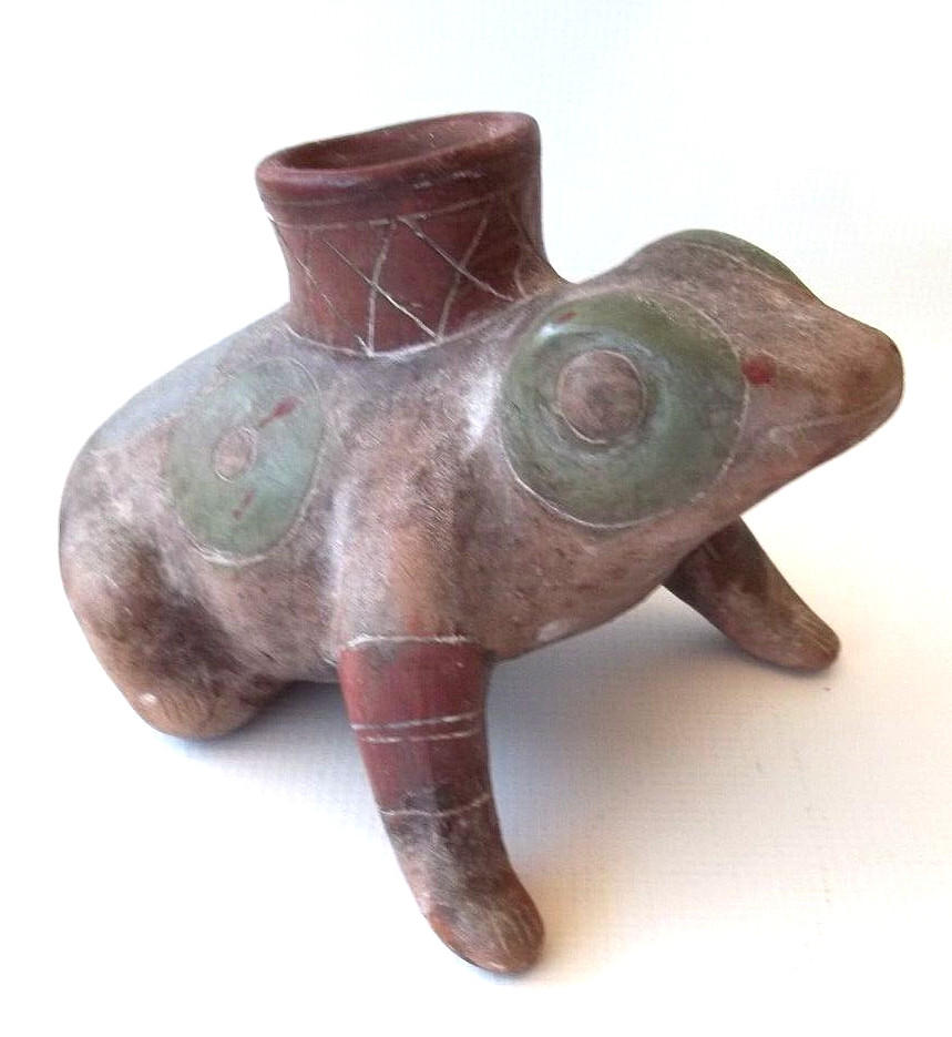 Vintage “Mexican Aztec Frog Candel Holder” / terra cotta / poly chrome.