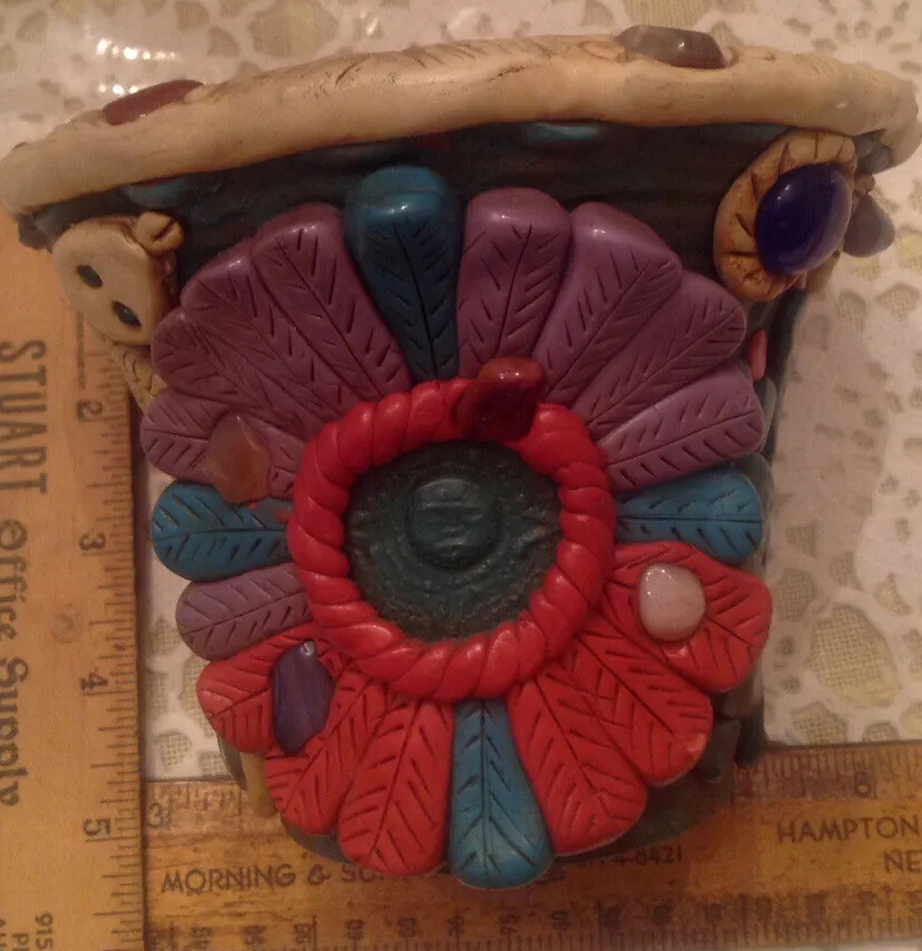 Rare Aztec Jeweled Pot w/ Inlaid Gemstones Snake & Sun Tabletop/Hanging