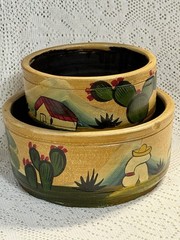 2 Vintage Mexican Folk Handmade Hand painted Pottery Planters w/Drain Hole FaB!