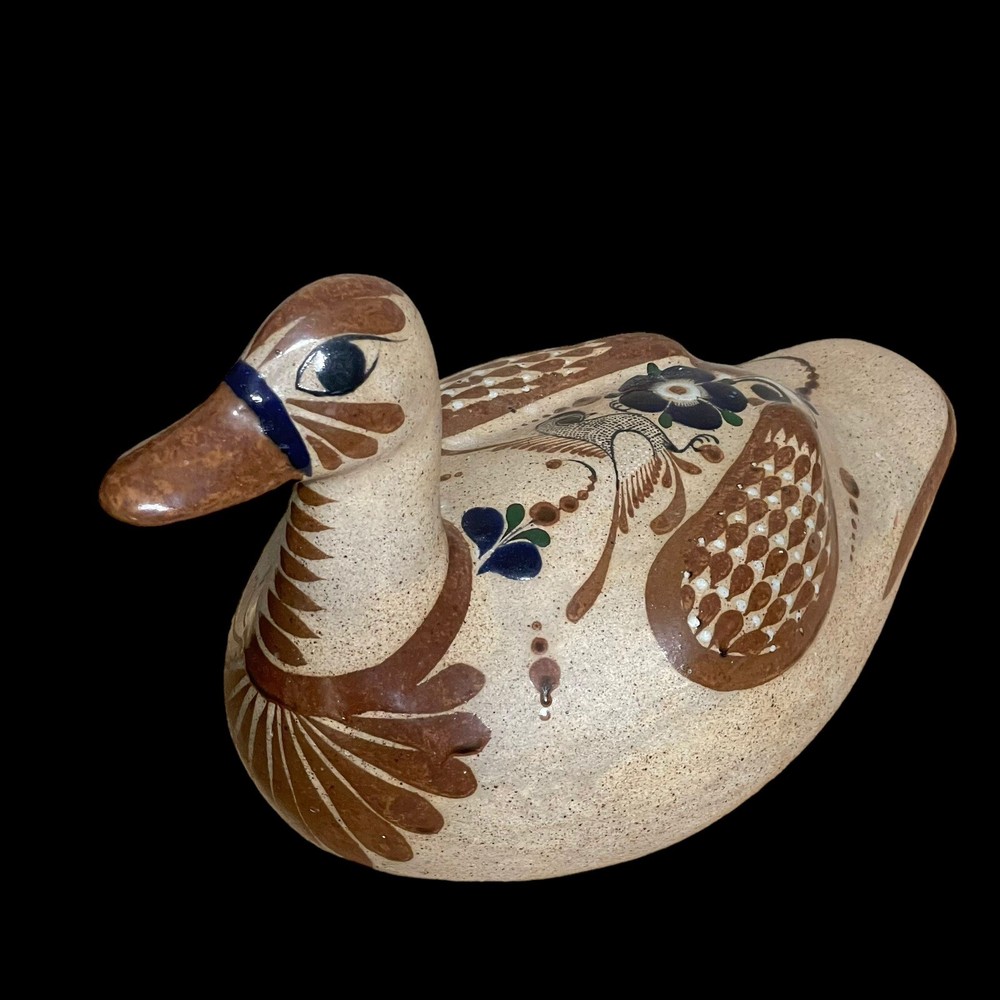 🦆 VTG Mexican Tonalá Pottery Duck Hand-Painted Folk Art Sculpture Signed 12″