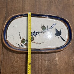 Vtg Tonala Mexican Pottery Platter Large Oval Hand Painted Bird Floral Blue Rim