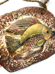 Hand Made 3D Fish Clay Plaque Wall Art Brass Copper Metal Mexico Water Hanging