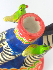 Vintage Mexican Folk Art Candle Holder Handmade Zebra Birds Clay Pottery