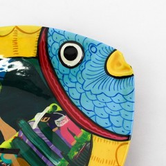 Vtg Mexican Folk Art Clay Terracotta Fish Tray or Plate with Wire Hanger