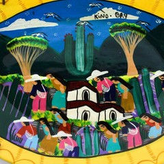 Vtg Mexican Folk Art Clay Terracotta Fish Tray or Plate with Wire Hanger