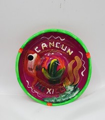 VTG Red Clay Pottery Hat Shape Ashtray Purple Green Cancun Mexico Sombrero 4″D