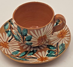 Vintage Hand Painted Mexican Pottery Demitasse Espresso Cup & Saucer Floral Terr