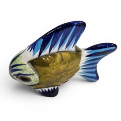 Vintage Tonala Ceramic Mexican Pottery Brass Fish Sculpture Folk Art 4.5HX5.5L