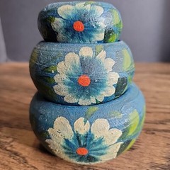 Mexico souvenir pottery hand painted blue set Of 3 tiny Collect Flower Pot Red C