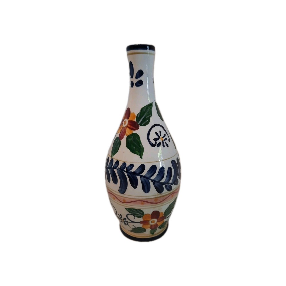 Talavera Hand Painted Tabletop Vase Floral White Blue Green 9”