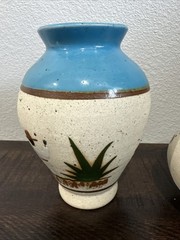 Vtg Tonala Mexican Pottery Vases Set of 2 Hand Painted Sandstone Signed Mexico