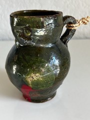 Vintage Mexican Folk Art Pottery Vase Green Glaze Red Decor Rope Handle