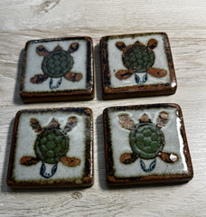 Set Of 4 Tonala Mini Pottery Tiles 2” Square Turtles Green & Brown Hand Painted