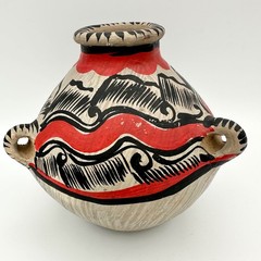 Vtg Handmade Mexican Pottery Round Vase 3 Handles Red Black Clay Hecho en Mexico