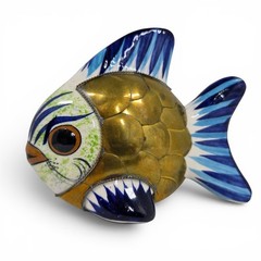 Vintage Tonala Ceramic Mexican Pottery Brass Fish Sculpture Folk Art 4.5HX5.5L