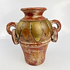 Vintage Mexican Terracotta Pottery Vase, Brass Copper Overlay Loop Handles, 8″