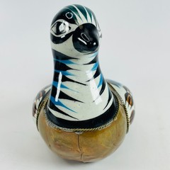 3 Vintage Tonala Mexican Folk Art Pottery Bird Figurines Brass Armored Ducks