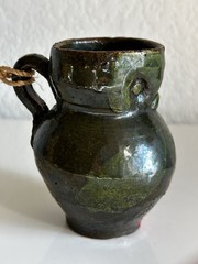 Vintage Mexican Folk Art Pottery Vase Green Glaze Red Decor Rope Handle