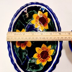 Set of 2 Mexican Pottery Signed Yellow Sunflower Bowls Cobalt Blue Oval & Round
