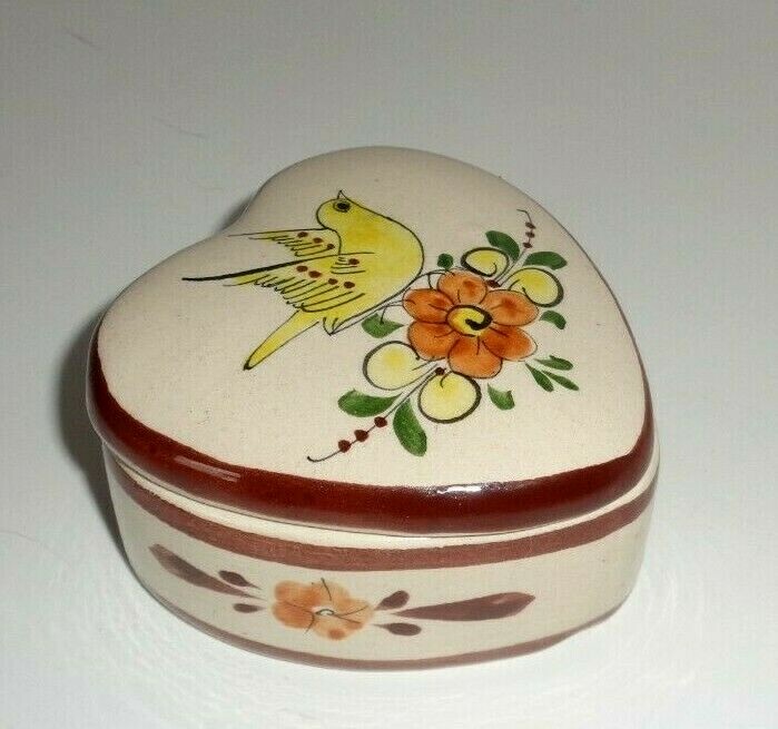 Heart Shaped Trinket Box Tonala Pottery Yellow Bird Motif Signed CAT Mexico