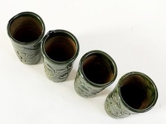 4 MEXICO OAXACA ATZOMPA CERAMIC CLAY BARRO LOZA VERDE GREEN MEZCAL CUPS COPITAS