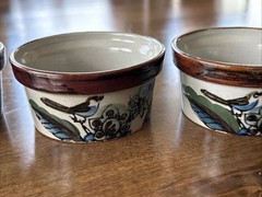 Mexican Tonala Pottery Bowl, Blue Brown Glaze, Bird , Mexico Set Of 4