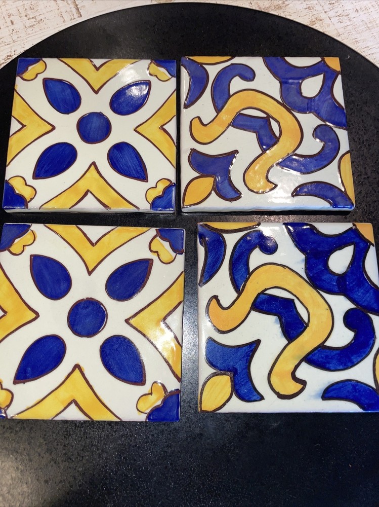 SET 4 Terracotta Gloss 4″ tile Mexico Classic cobalt blue yellow mediterranean