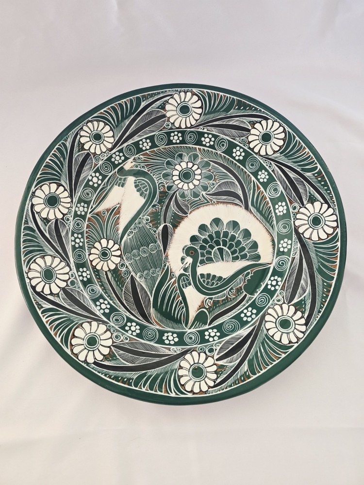 16″ Justino Garcia Tonala Mexico Pottery Platter Signed Folk Art Green, White