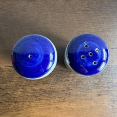 Vintage Mexican Pottery Salt & Pepper Shakers Blue & Grey Floral Plastic Corks