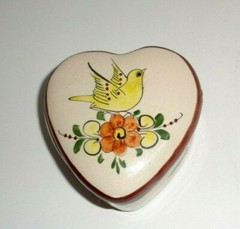 Heart Shaped Trinket Box Tonala Pottery Yellow Bird Motif Signed CAT Mexico