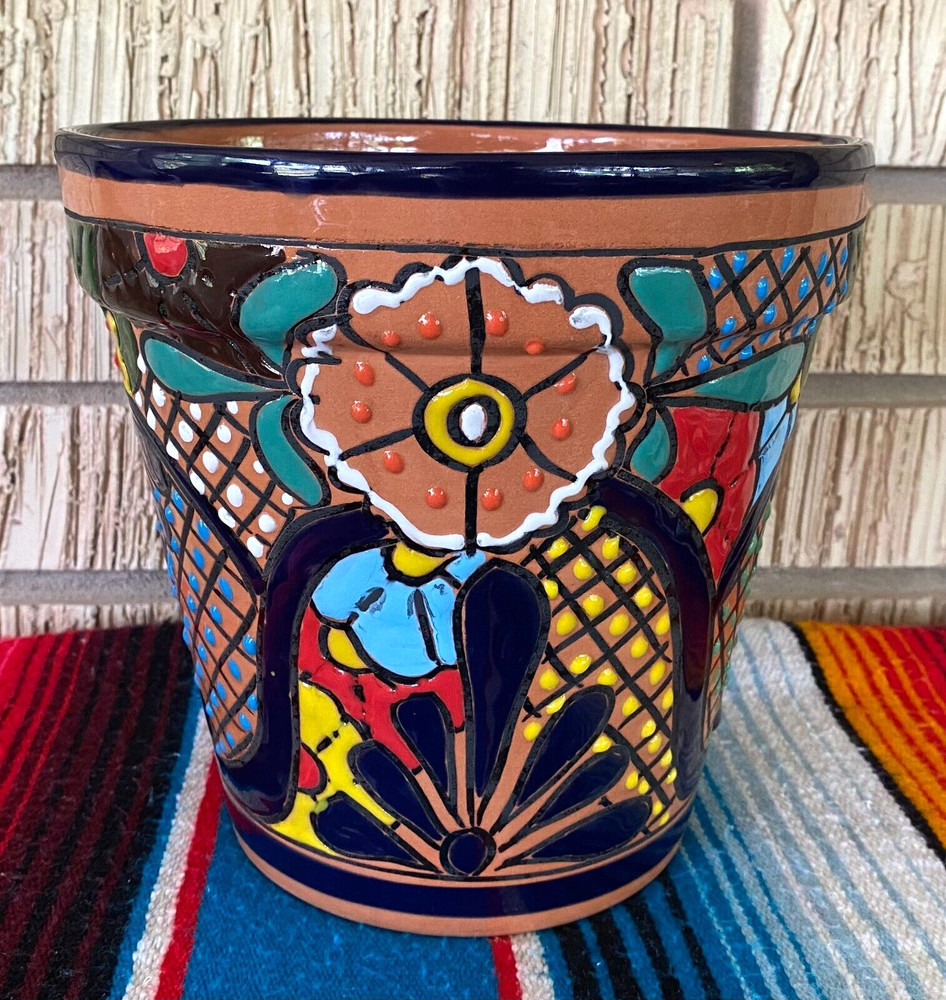 Lg MEXICAN TALAVERA Folk Art POTTERY FLOWER POT PLANTER CERAMIC #1